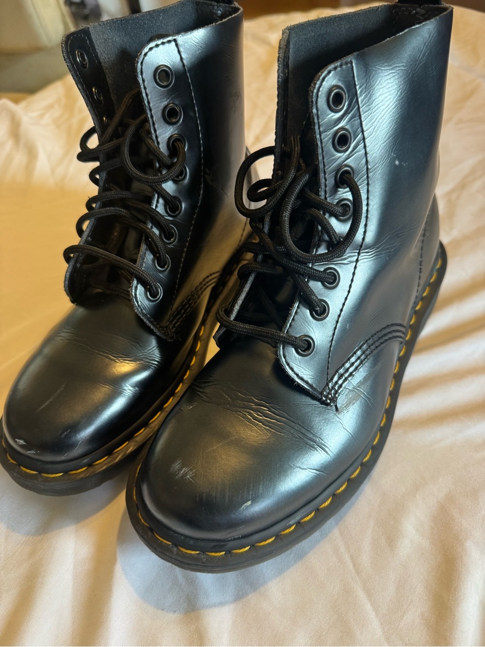 Dr. Martens Black Leather Lace-Up Boots with Yellow Stitching
